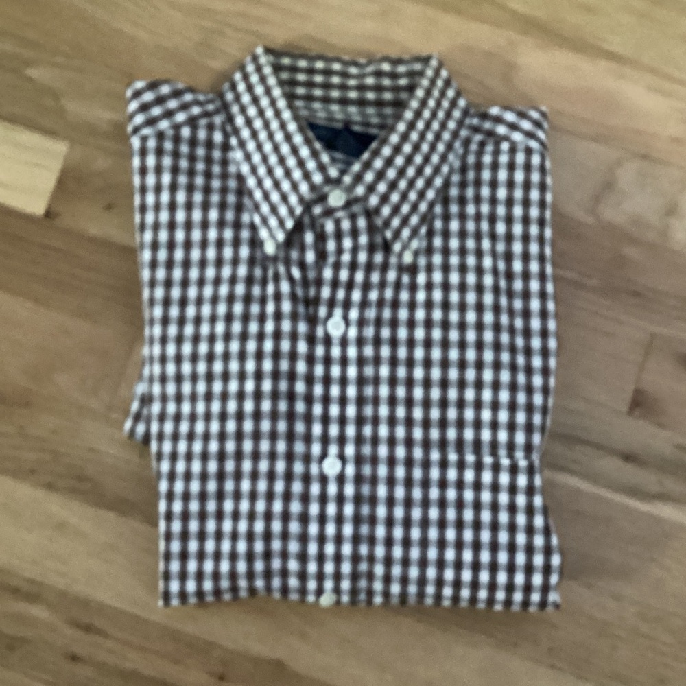Brooks Brothers Brown and White Gingham Button-Down Shirt. Large